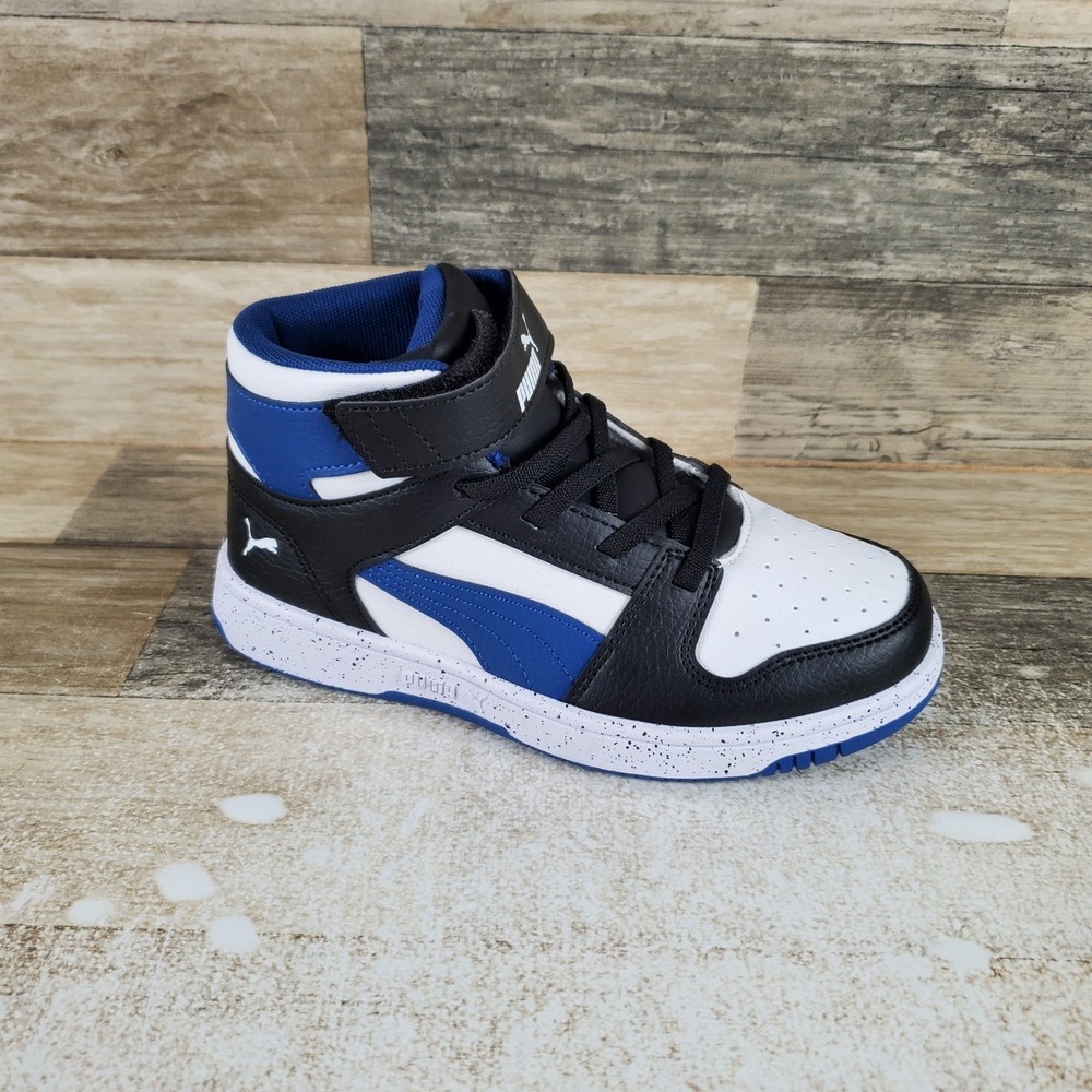 Puma Rebound Layup Kids Shoes Sz 2 2C Black Blue White Lace Up Mid Top Sneakers